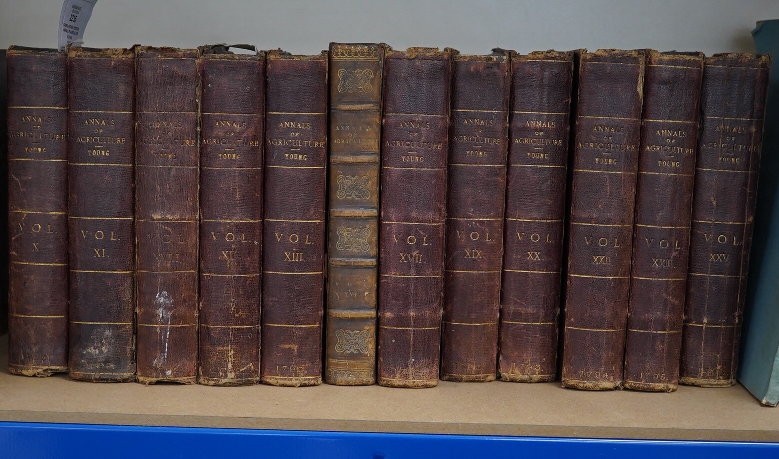 Young, Arthur (editor) - Annals of Agriculture, and Other Useful Arts, 12 various vols. engraved plates and tables (some folded); 19th century, half sheep and cloth. Bury St Edmunds: printed for the Editor, 1788-96
